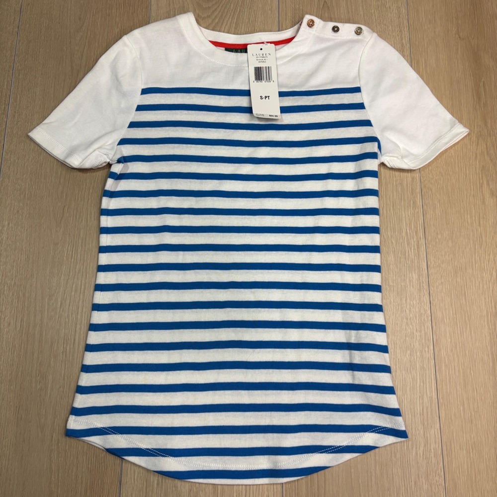 Lauren Ralph Lauren Petite Striped Cotton T-Shirt White Blue‎ Button Shoulder PS